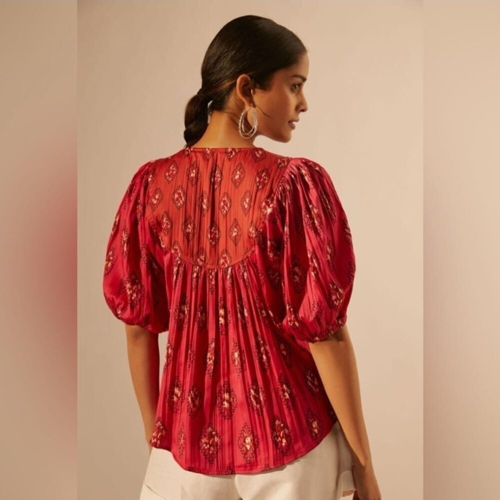 Anthropologie Red & Pink Drapey Henley Top Size Med - Picture 2 of 11